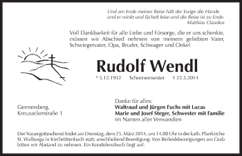 Traueranzeige von Rudolf Wendl von Pegnitz-Zeitung
